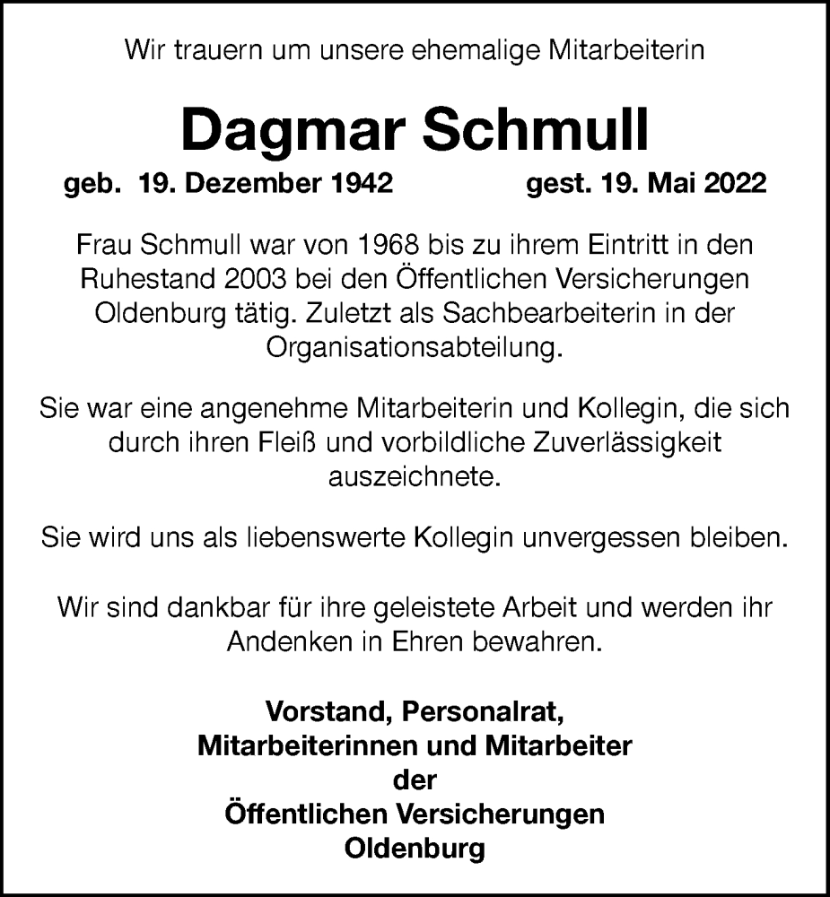  Traueranzeige für Dagmar Schmull vom 02.06.2022 aus Nordwest-Zeitung