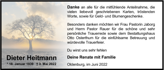 Traueranzeige von Dieter Heitmann von Nordwest-Zeitung