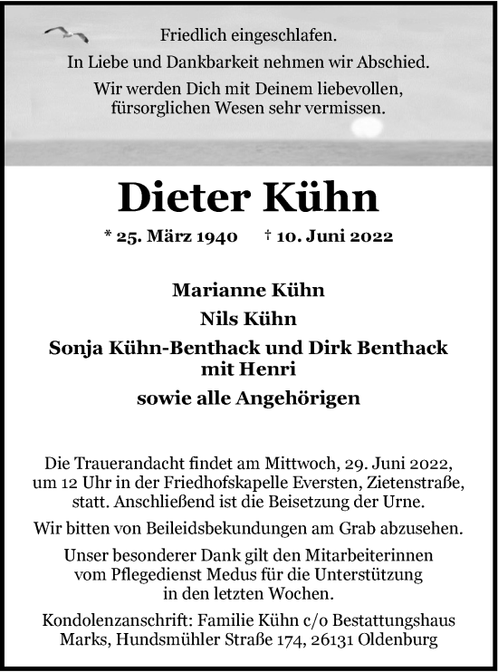 Traueranzeige von Dieter Kühn von Nordwest-Zeitung