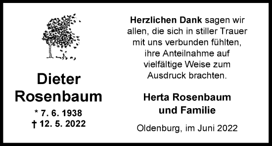 Traueranzeige von Dieter Rosenbaum von Nordwest-Zeitung
