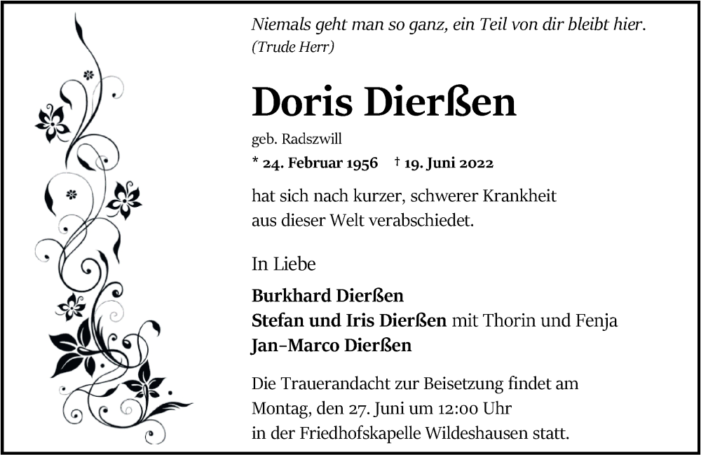  Traueranzeige für Doris Dierßen vom 23.06.2022 aus Nordwest-Zeitung
