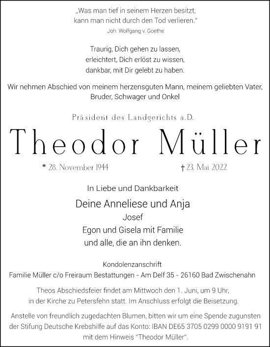 Traueranzeige von Theodor Müller von Nordwest Zeitung