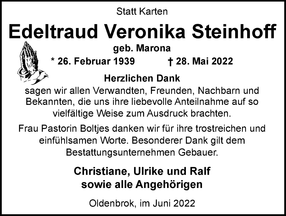  Traueranzeige für Edeltraud Veronika Steinhoff vom 25.06.2022 aus Nordwest-Zeitung