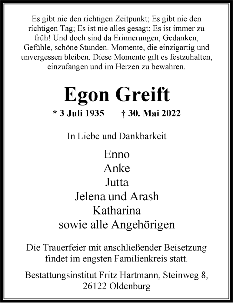  Traueranzeige für Egon Greift vom 04.06.2022 aus Nordwest-Zeitung