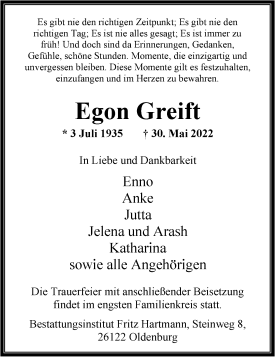 Traueranzeige von Egon Greift von Nordwest-Zeitung