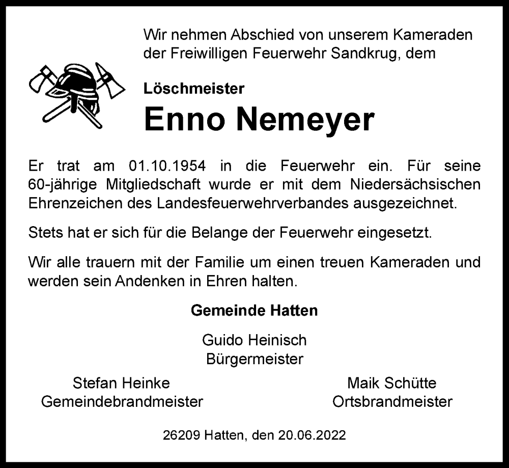  Traueranzeige für Enno Nemeyer vom 21.06.2022 aus Nordwest-Zeitung