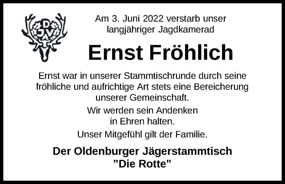  Traueranzeige für Ernst Fröhlich vom 14.06.2022 aus Nordwest-Zeitung