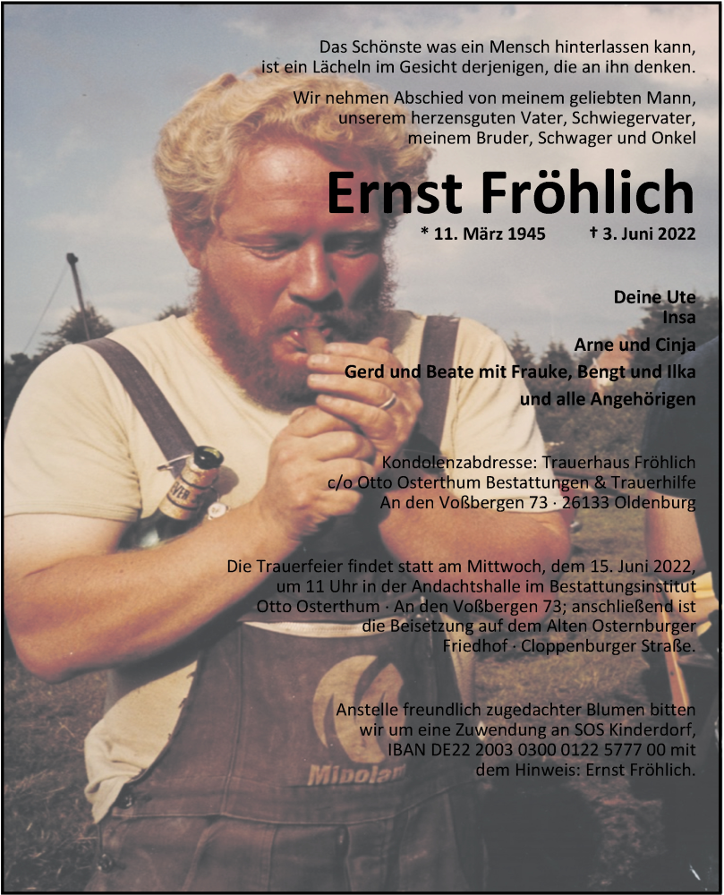  Traueranzeige für Ernst Fröhlich vom 11.06.2022 aus Nordwest-Zeitung