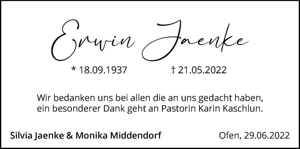  Traueranzeige für Erwin Jaenke vom 29.06.2022 aus Nordwest-Zeitung