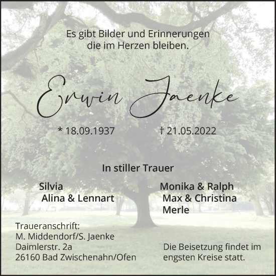 Traueranzeige von Erwin Jaenke von Nordwest-Zeitung
