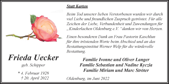 Traueranzeige von Frieda Uecker von Nordwest-Zeitung
