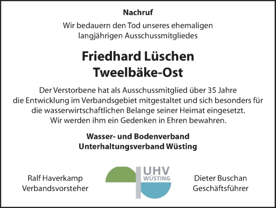 Traueranzeige von Friedhard Lüschen von Nordwest-Zeitung