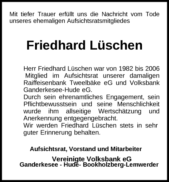 Traueranzeige von Friedhard Lüschen von Nordwest-Zeitung