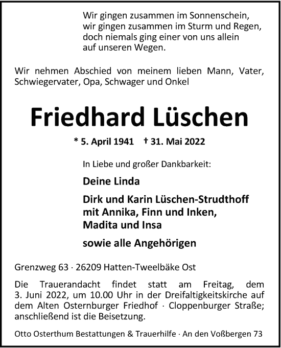 Traueranzeige von Friedhard Lüschen von Nordwest-Zeitung