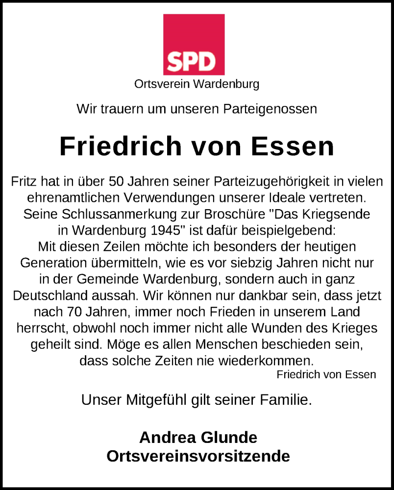  Traueranzeige für Friedrich von Essen vom 08.06.2022 aus Nordwest-Zeitung