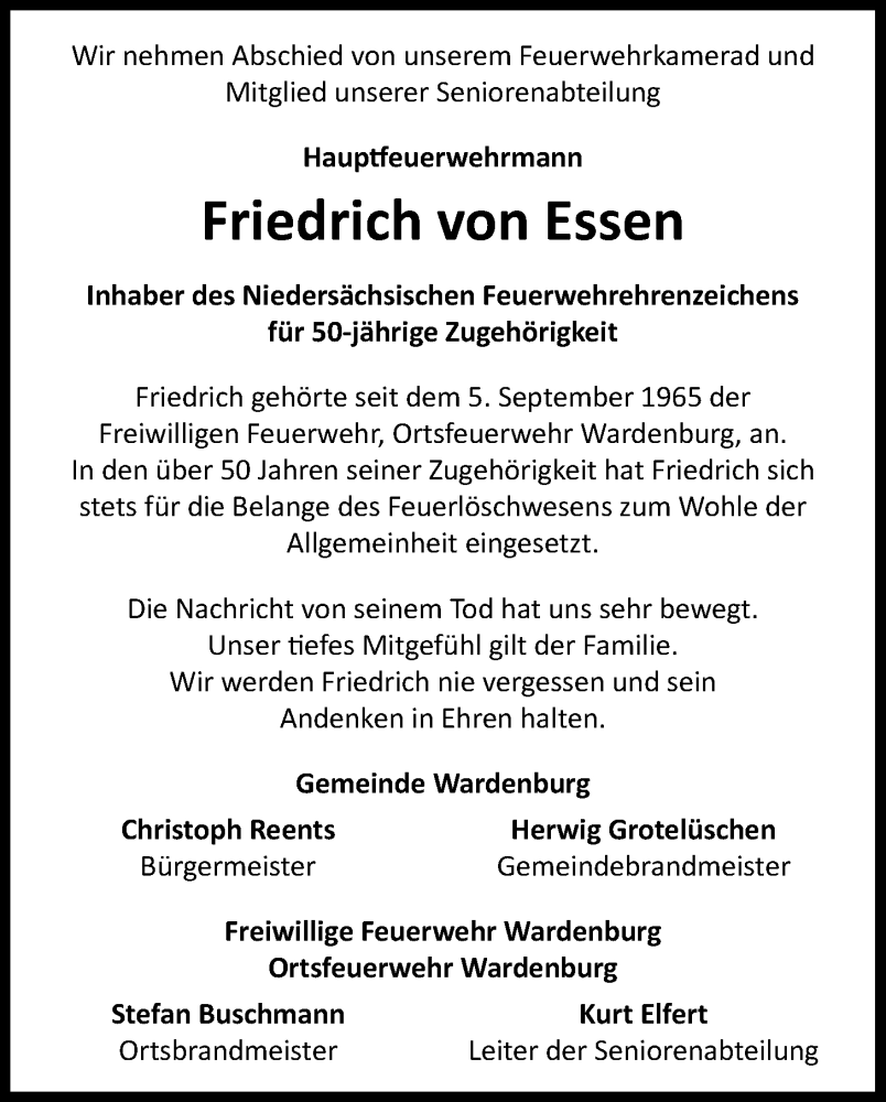  Traueranzeige für Friedrich von Essen vom 03.06.2022 aus Nordwest-Zeitung