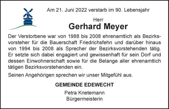 Traueranzeige von Gerhard Meyer von Nordwest-Zeitung