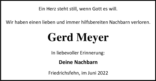 Traueranzeige von Gerhard Meyer von Nordwest-Zeitung