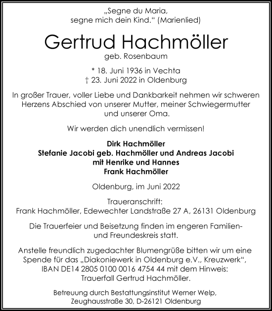 Traueranzeige von Gertrud Hachmöller von Nordwest-Zeitung