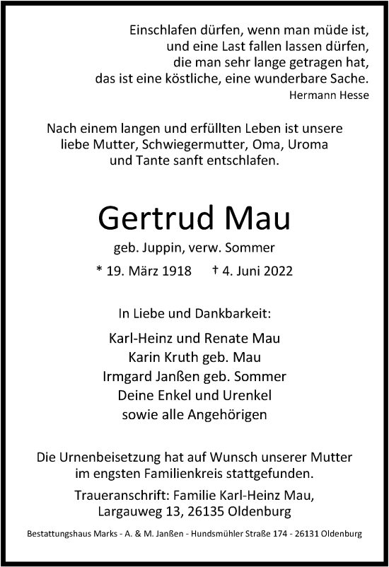 Traueranzeige von Gertrud Mau von Nordwest-Zeitung