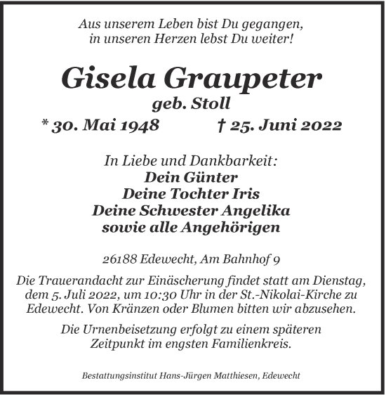 Traueranzeige von Gisela Graupeter von Nordwest-Zeitung