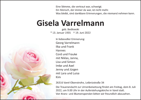 Traueranzeige von Gisela Varrelmann von Nordwest-Zeitung