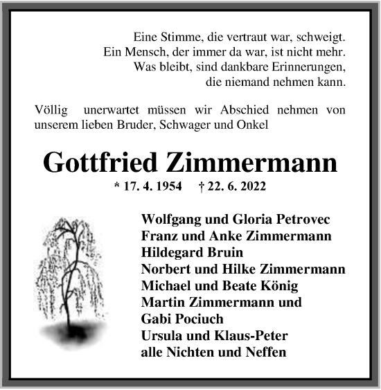Traueranzeige von Gottfried Zimmermann von Nordwest-Zeitung