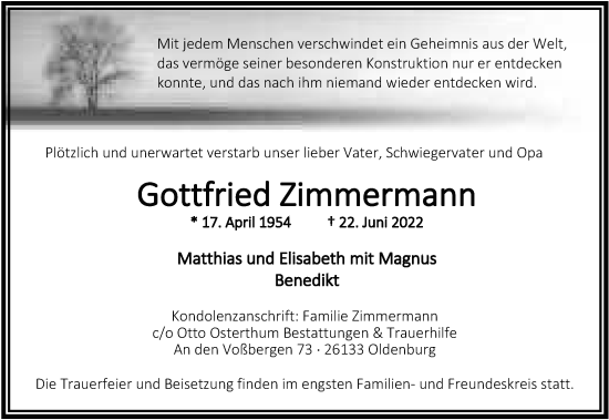 Traueranzeige von Gottfried Zimmermann von Nordwest-Zeitung