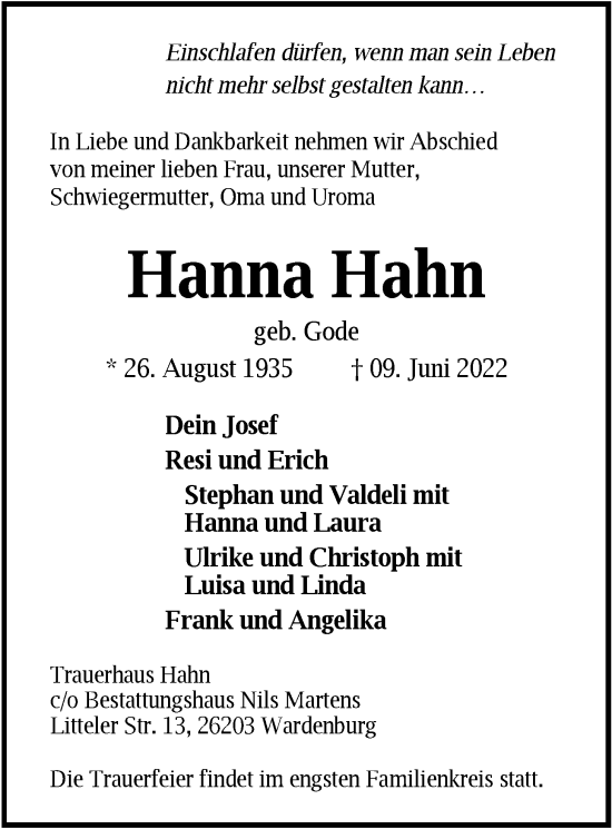 Traueranzeige von Hanna Hahn von Nordwest-Zeitung
