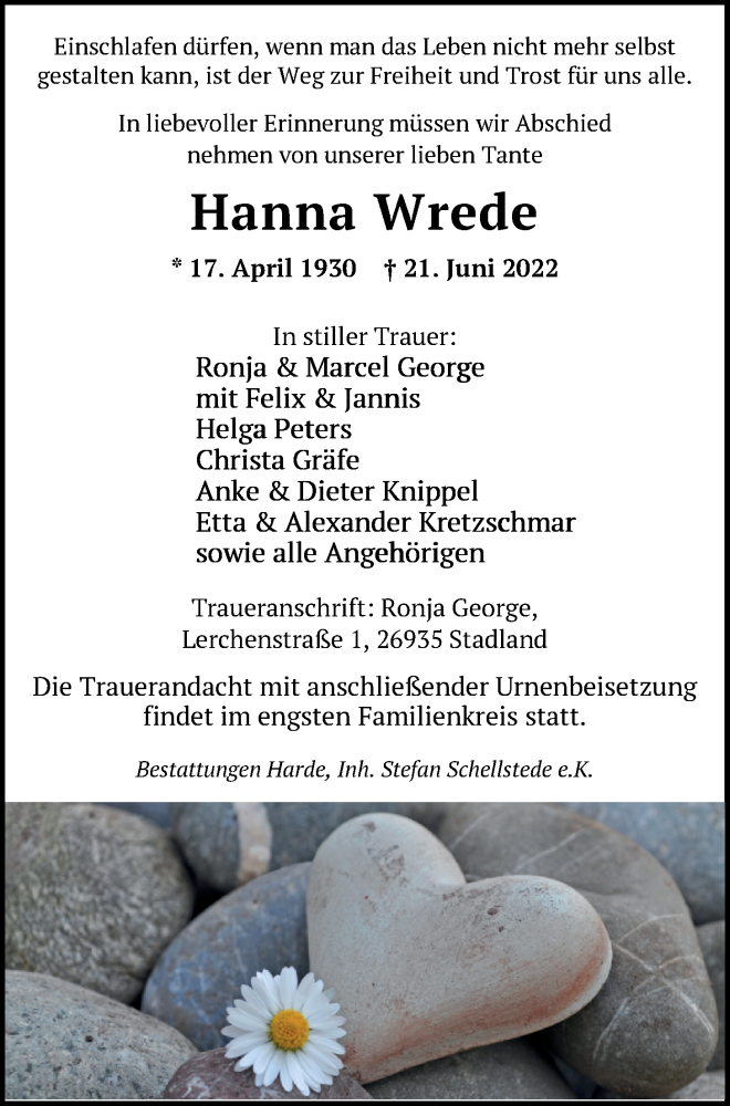  Traueranzeige für Hanna Wrede vom 24.06.2022 aus Nordwest-Zeitung
