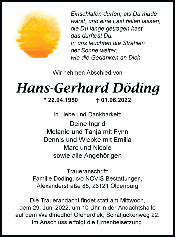  Traueranzeige für Hans-Gerhard Döding vom 25.06.2022 aus Nordwest-Zeitung