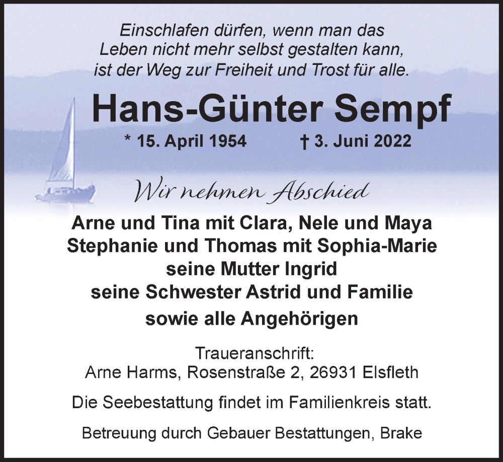  Traueranzeige für Hans-Günter Sempf vom 11.06.2022 aus Nordwest-Zeitung