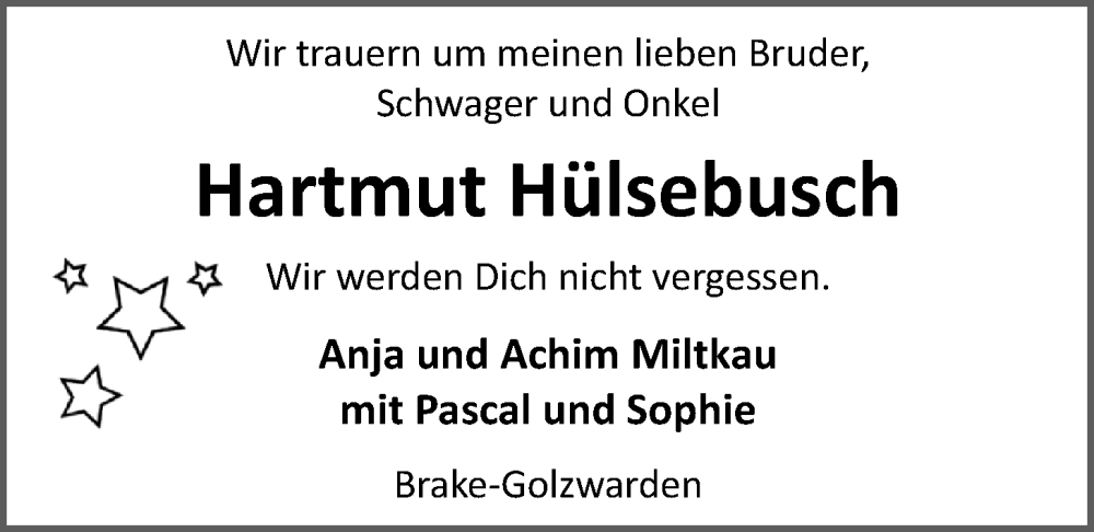  Traueranzeige für Hartmut Hülsebusch vom 23.06.2022 aus Nordwest-Zeitung