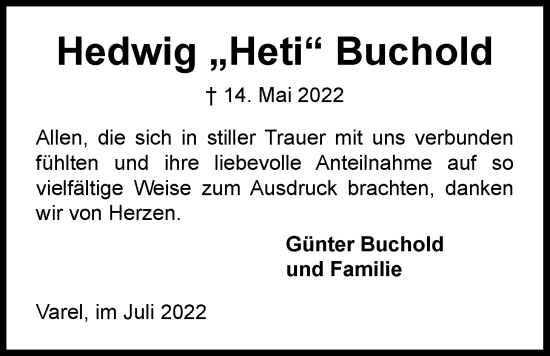 Traueranzeige von Hedwig Buchold von Nordwest-Zeitung