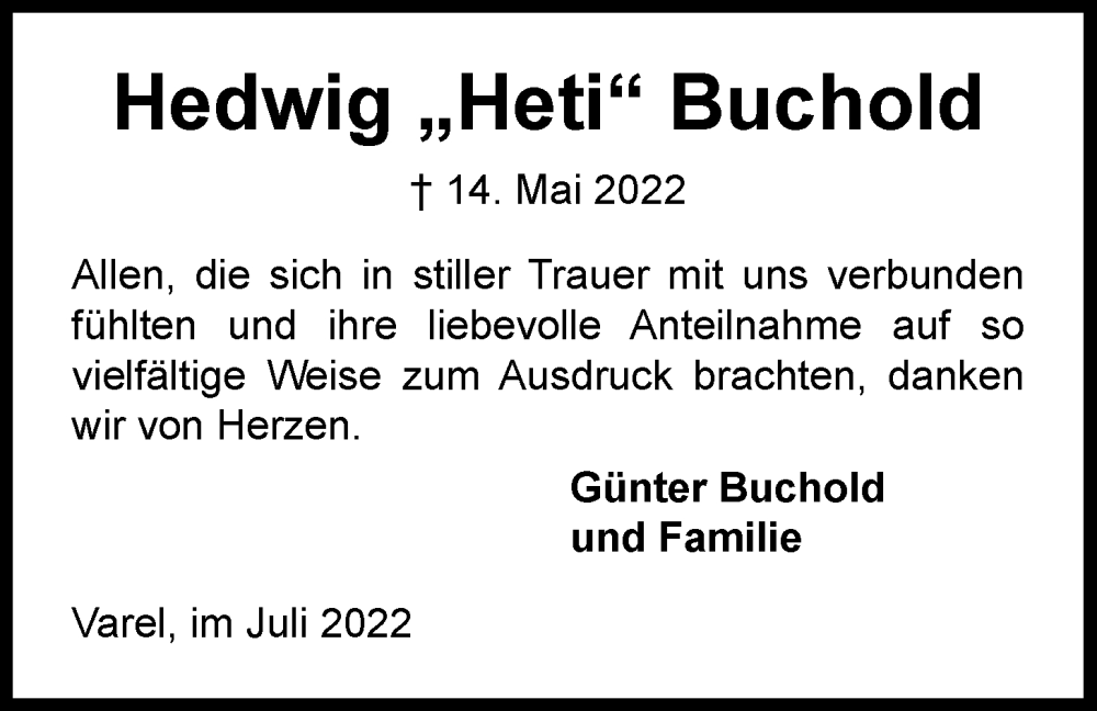  Traueranzeige für Hedwig Buchold vom 01.07.2022 aus Nordwest-Zeitung