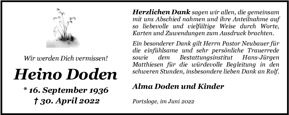  Traueranzeige für Heino Doden vom 04.06.2022 aus Nordwest-Zeitung