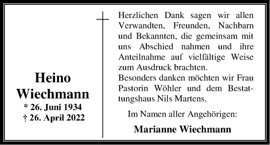 Traueranzeige von Heino Wiechmann von Nordwest-Zeitung