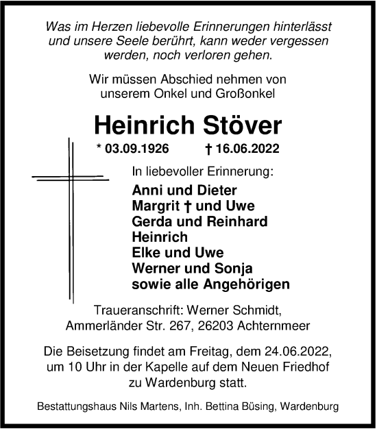 Traueranzeige von Heinrich Stöver von Nordwest-Zeitung