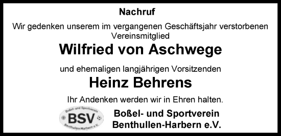 Traueranzeige von Heinz Behrens von Nordwest-Zeitung