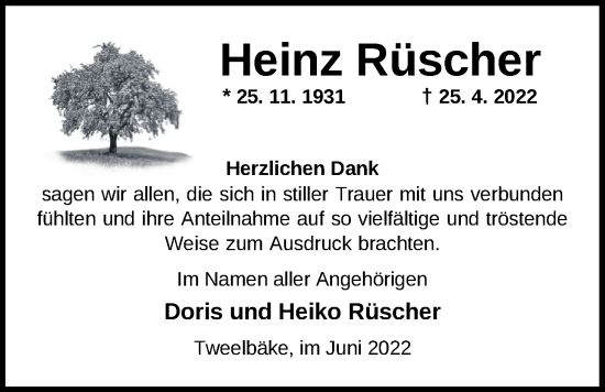 Traueranzeige von Heinz Rüscher von Nordwest-Zeitung