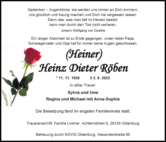 Traueranzeige von Heinz Dieter Röben von Nordwest-Zeitung