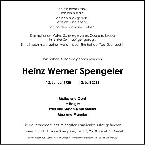 Traueranzeige von Heinz Werner Spengeler von Nordwest-Zeitung