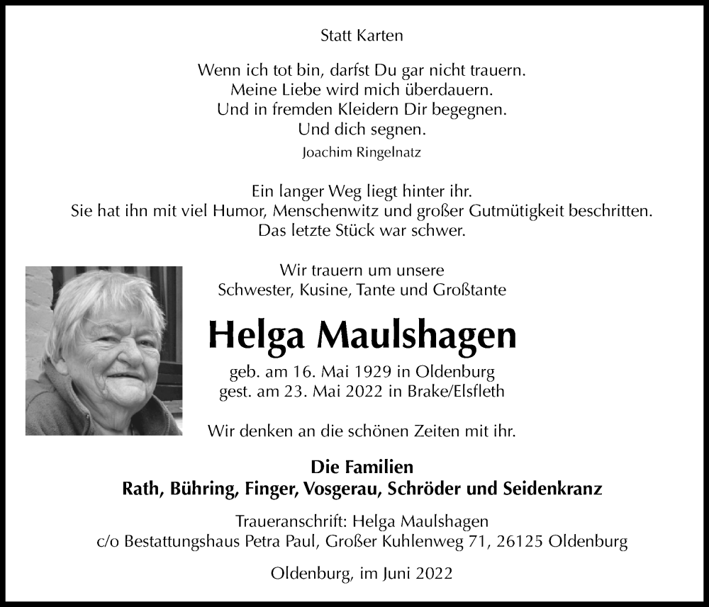  Traueranzeige für Helga Maulshagen vom 04.06.2022 aus Nordwest-Zeitung