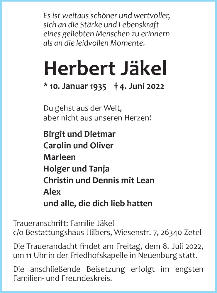  Traueranzeige für Herbert Jäkel vom 24.06.2022 aus Nordwest-Zeitung