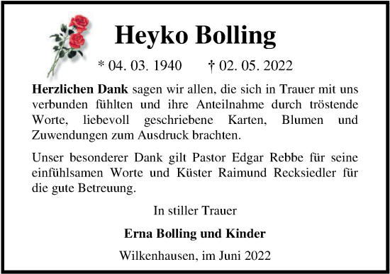 Traueranzeige von Heyko Bolling von Nordwest-Zeitung