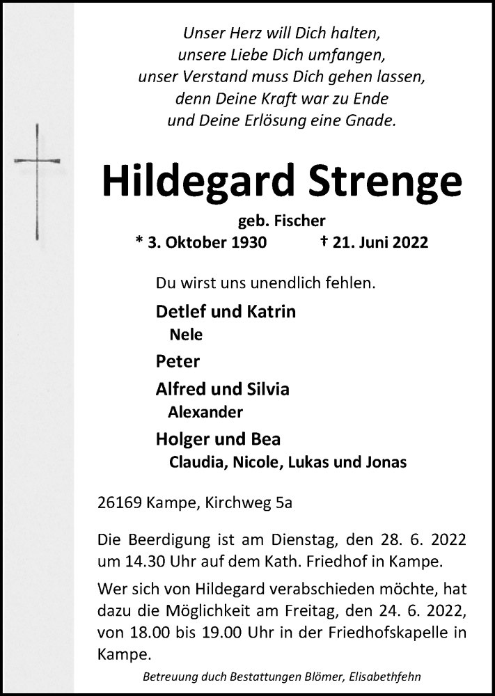  Traueranzeige für Hildegard Strenge vom 23.06.2022 aus Nordwest-Zeitung