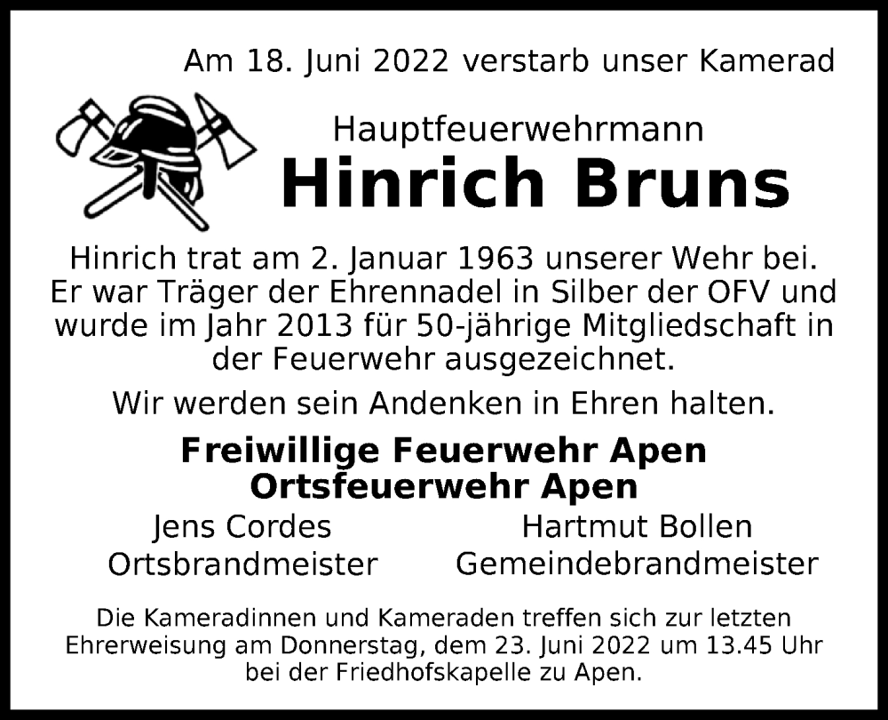  Traueranzeige für Hinrich Bruns vom 23.06.2022 aus Nordwest-Zeitung