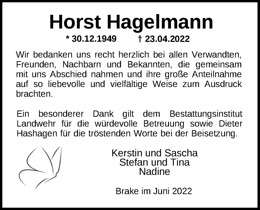 Traueranzeige für Horst Hagelmann vom 11.06.2022 aus Nordwest-Zeitung