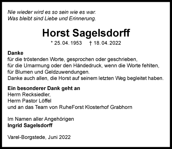 Traueranzeige von Horst Sagelsdorff von Nordwest-Zeitung