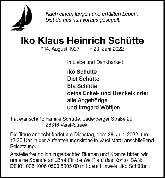 Traueranzeige von Iko Klaus Heinrich Schütte von Nordwest-Zeitung